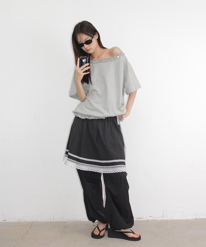 RONRON Frill Off Shoulder String T Shirt Gray