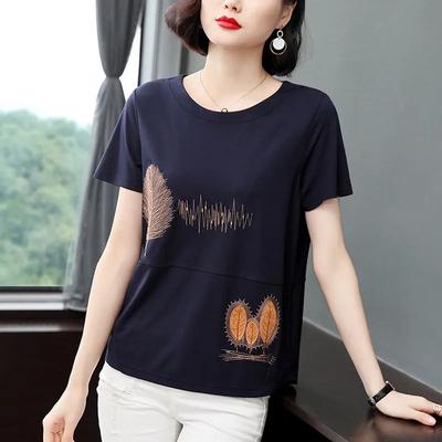 Women's Summer Loose Short-sleeved T-shirt Temperament Embroidery Round Neck Blouse