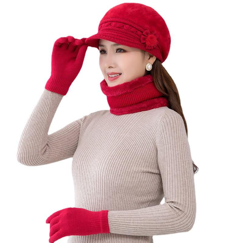 Women's Winter Rabbit Hair Knitted Hat, Snood, and Gloves Set - Fleece-Lined, Cold-Proof, Warm Wool for Middle-Aged and Elderly Moms