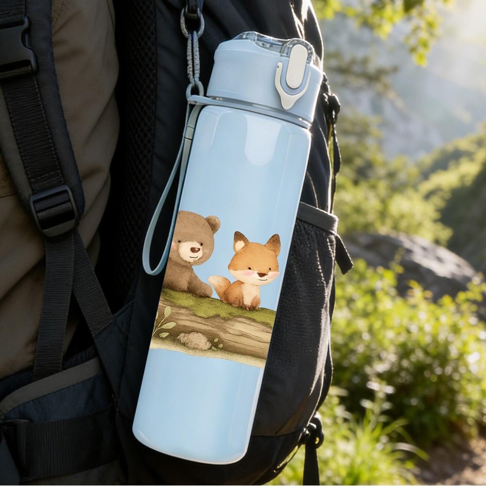 1PC Forest Bear Rabbit Family Print 750ml Color Plastic Sports Water Bottle Leakproof Flip Straw Lid Suitable for Sports Office Home Use