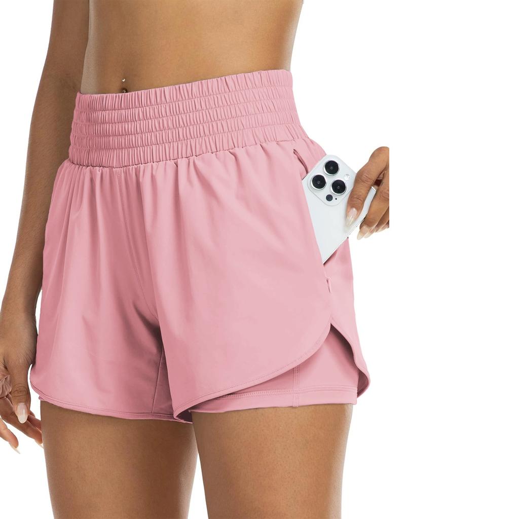 Women's High-Waisted 2-in-1 Quick-Dry Shorts with Zipper Pocket Elastic Waist for Workout Running Gym Yoga Fitness Sportswear