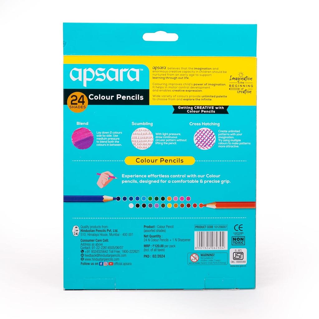 Apsara Colour Pencils 24 Full Size Set Brilliant Colours Hex Shape Easy Grip for School & College Art Drawing Use Art Set