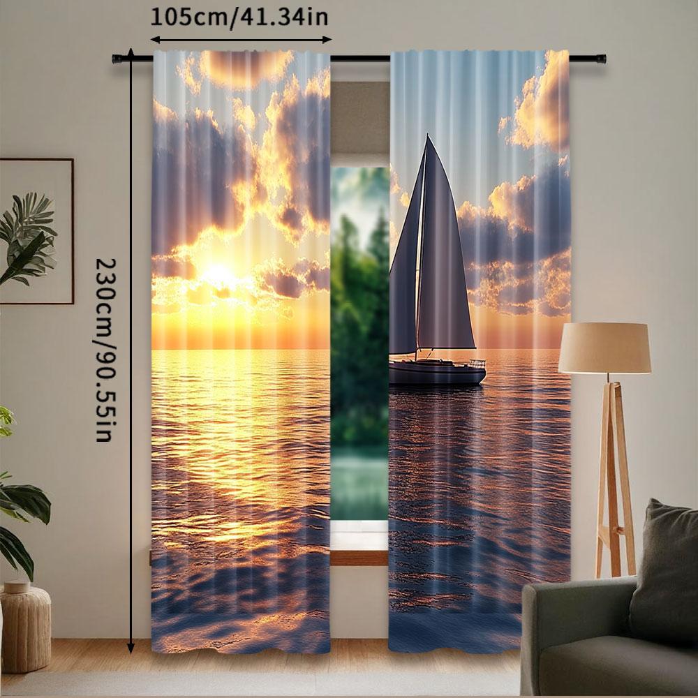 2Pcs Sea Sunrise And Sunset Scenery Curtains Ocean Sailboat Aesthetic Art Curtains Suitable For Bedroom Livingroom Store Hotel