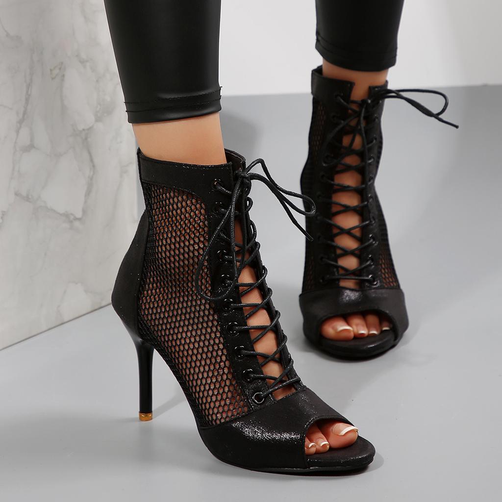 Fashion New Women Fashion Show Net Fabric Cross Strap Sexy High Heel Sandals Woman Shoes Pumps Lace-up Peep Toe Sandals Casual Mesh