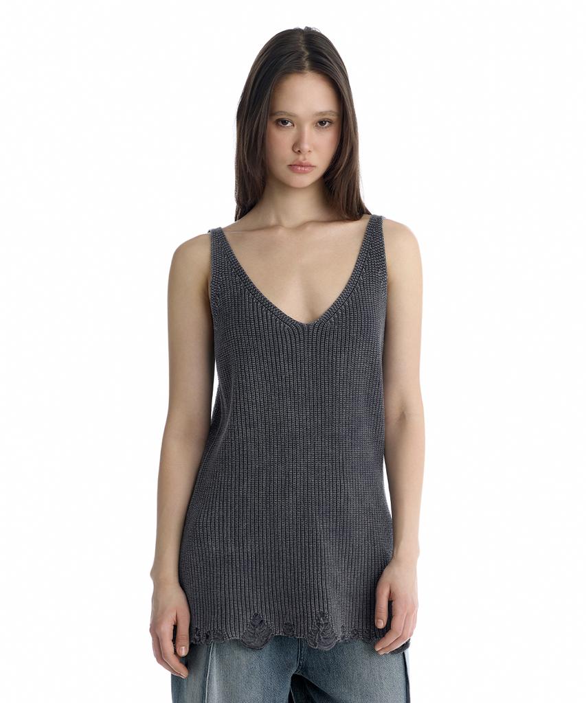 Teulimingbeodeu Washed Distressed Sleeveless Knit Top [ Gray ]