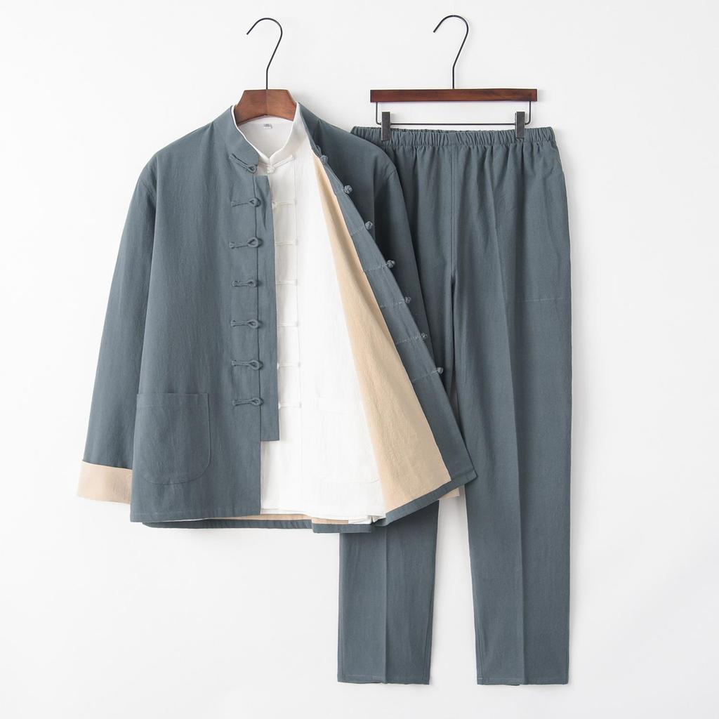 Men's Chinese Tang Suit: Cotton Linen Three-Piece Set with Stand Collar - Zen Meditation Outfit for Spring and Autumn