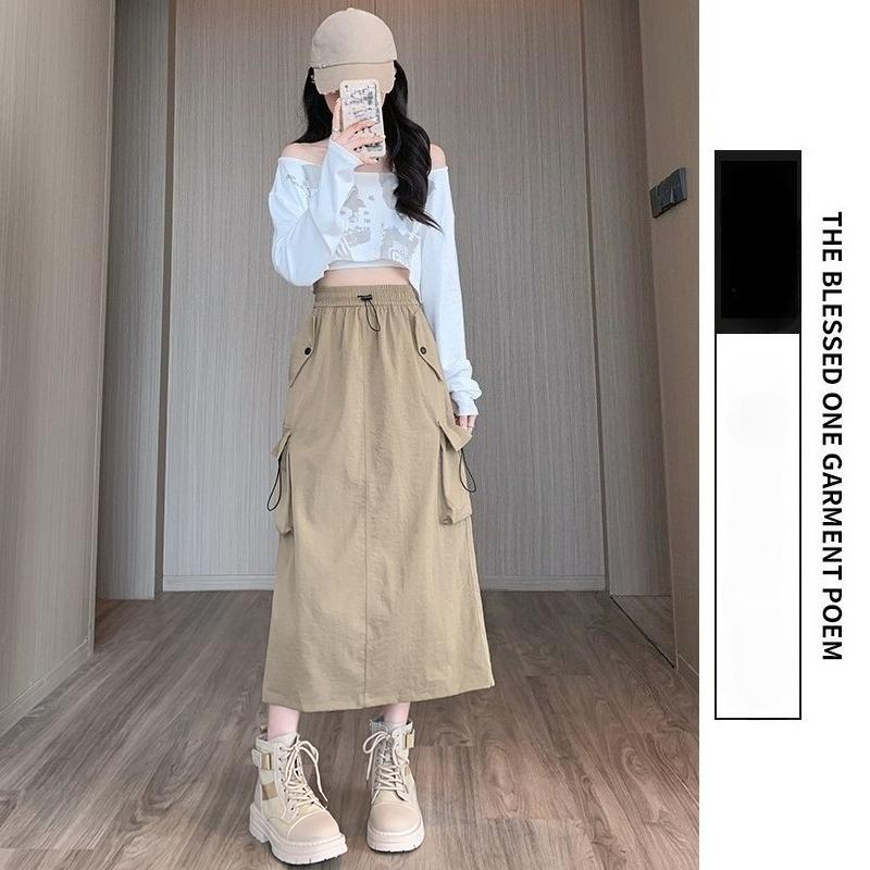 Damen Amerikanischer Arbeitskleidungsrock Petite Dünn Frühling Sommer Neu Hohe Taille A-Linie Midi-Rock Mit Großen Taschen Schlitz Lässig Locker Halbes Kleid S khaki