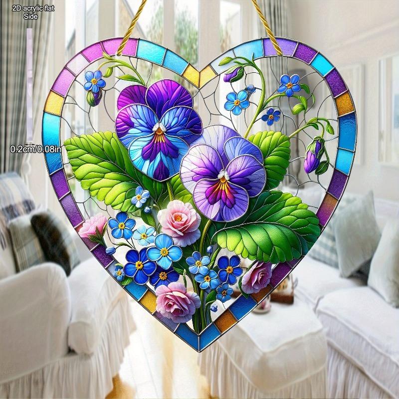 Colorful Gilly flower Heart-Shaped Suncatcher - Stained Glass-Style Glass Effect with Vibrant Floral Design, Perfect for Home & Garden Decor, Ideal fo