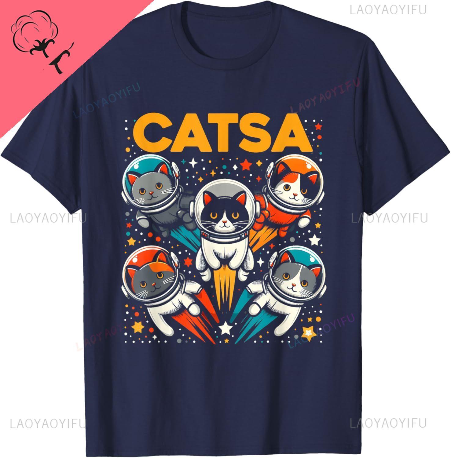 Catsa Cat Astronauts Kitten Space Astronomy Cartoon SciFi TShirt Couple Kawayi Y2k Breathable and Comfortable Ropa Hombre S