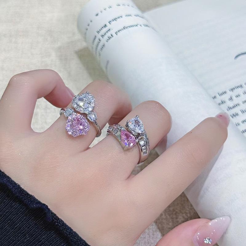 Fashion Cross Double-Row Pink And White Zir*****Pening Adjustable Ring Temperament Color Treasure Exquisite Niche High-End Ring
