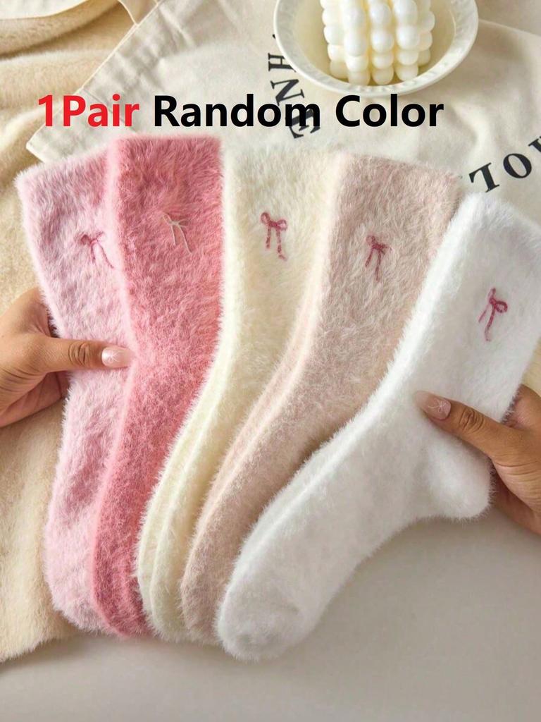 Autumn Winter Fleece Bow-Tie Plush Socks Woman Cute Sweet Mid-Calf Socks Thickened Warm Home Sleep Short Socks for Girls