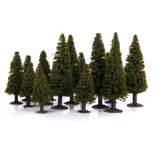 [No-Brand] Set of 15 Cedar Tree Model Trees, 6-10cm Tall, 3 Sizes for Model Trains
