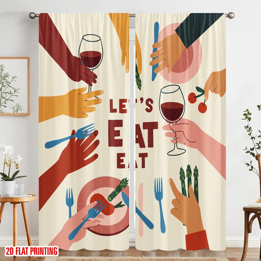2pcs 2D flat printing Window Treatment Curtains LET'S EAT PEOPLE FOOD Polyester Fabric Without Electricity Festive Holiday Use