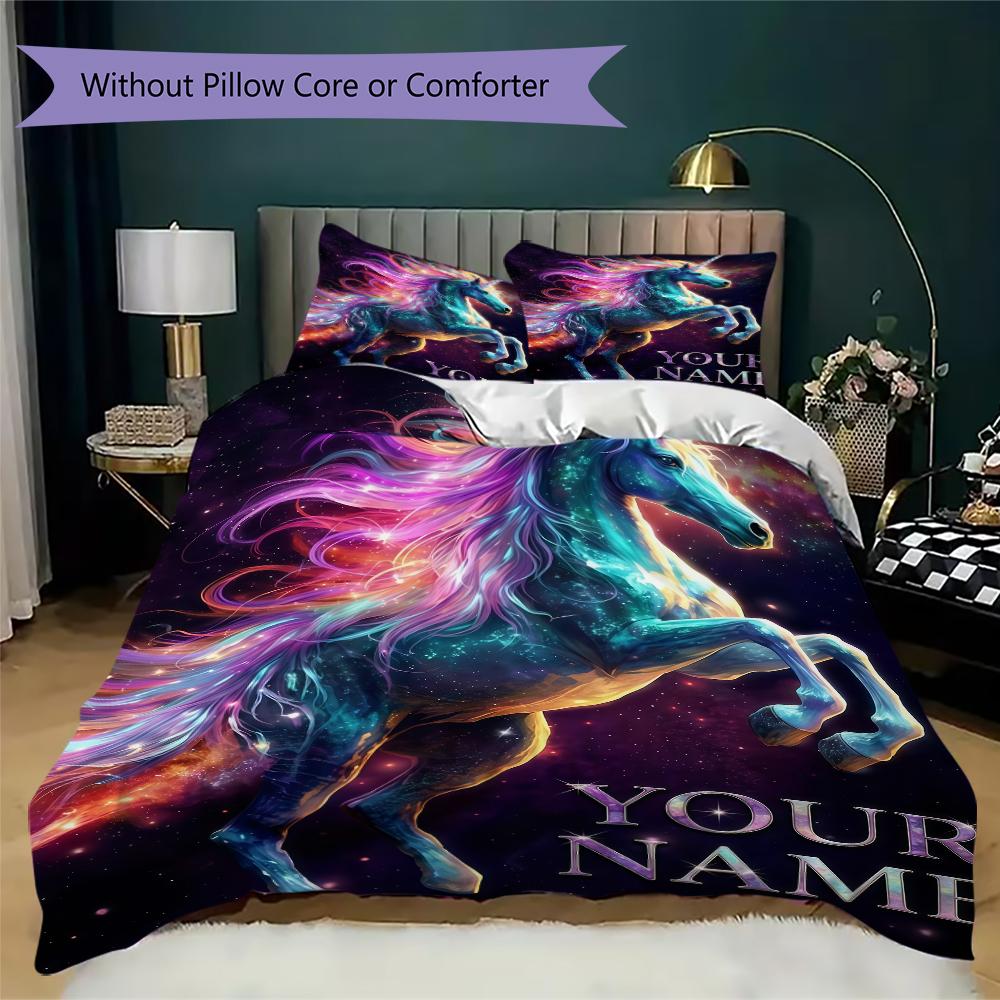Custom Name Unicorn Fantasy Garden Bedding,Quilt Set Quilt Cover Pillowcase Home Birthday Gift(1 * Duvet Cover + 2 * Pillowcase, Without Core)_lx