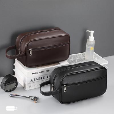 Men’s PU Leather Toiletry Bag Waterproof Travel Wash Bag Large Capacity Cosmetic Organizer Shaving Storage Pouch Portable Bathroom Dopp Kit