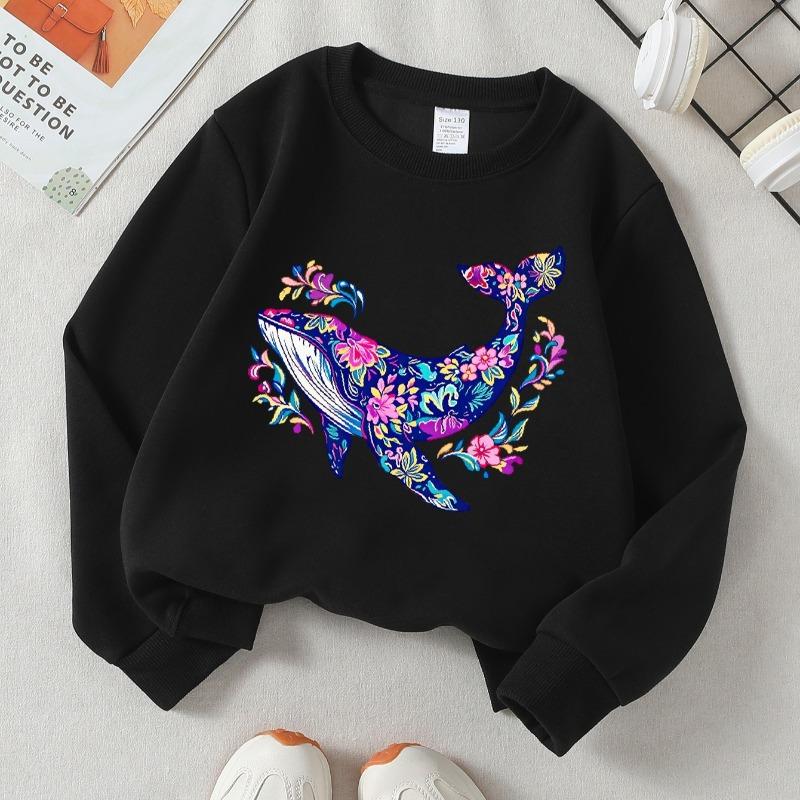 Kids Crewneck Sweatshirt, Colorful Floral Whale Print, Soft Casual Pullover for Fall Winter