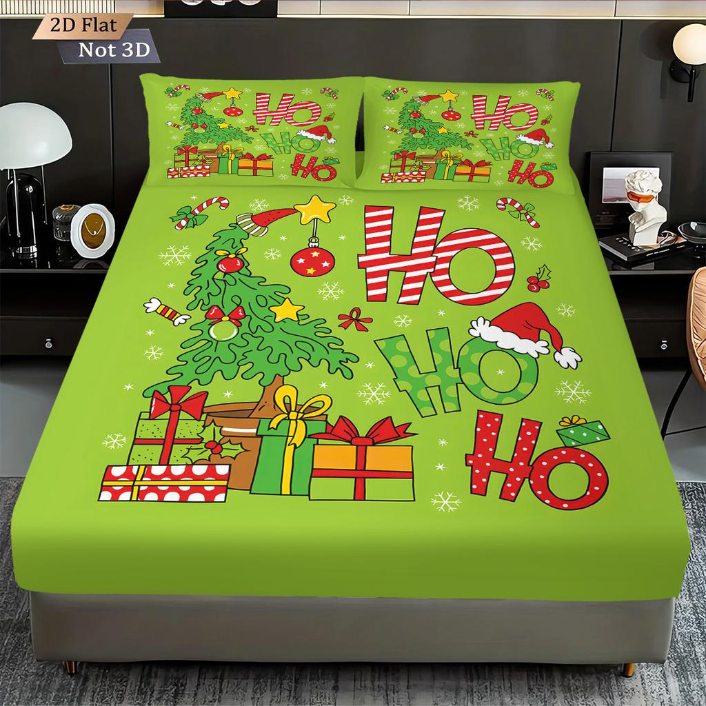 3pcs Merry Christmas HO Green Print Coreless Bed Sheet Set Multi Size Comfortable Bed Cover Bedroom Bedding Holiday Decoration