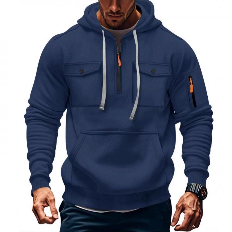 Mens Hooded Long Sleeve Pullover Sweatshirt With Multiple Pockets Zipper Front Casual Sporty Style