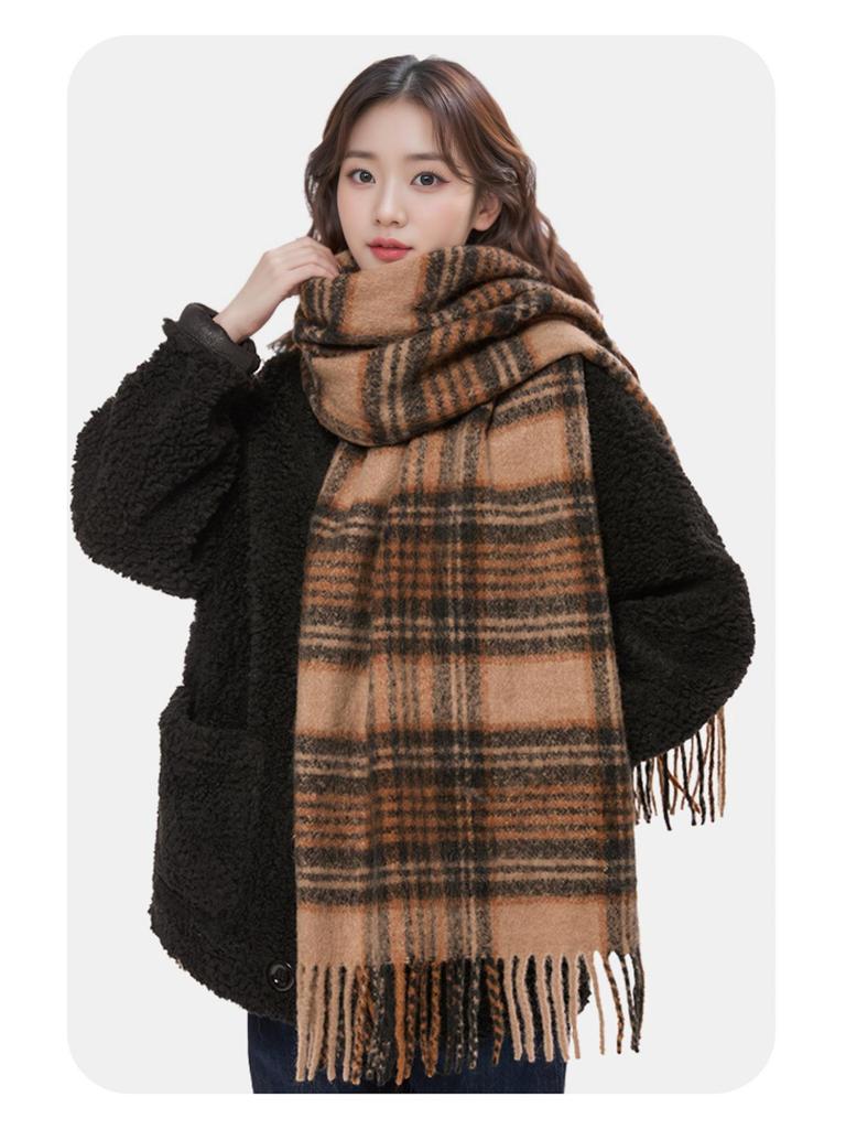 2025 Retro Korean Style Women's Warm Plaid Scarf & Shawl in Brown