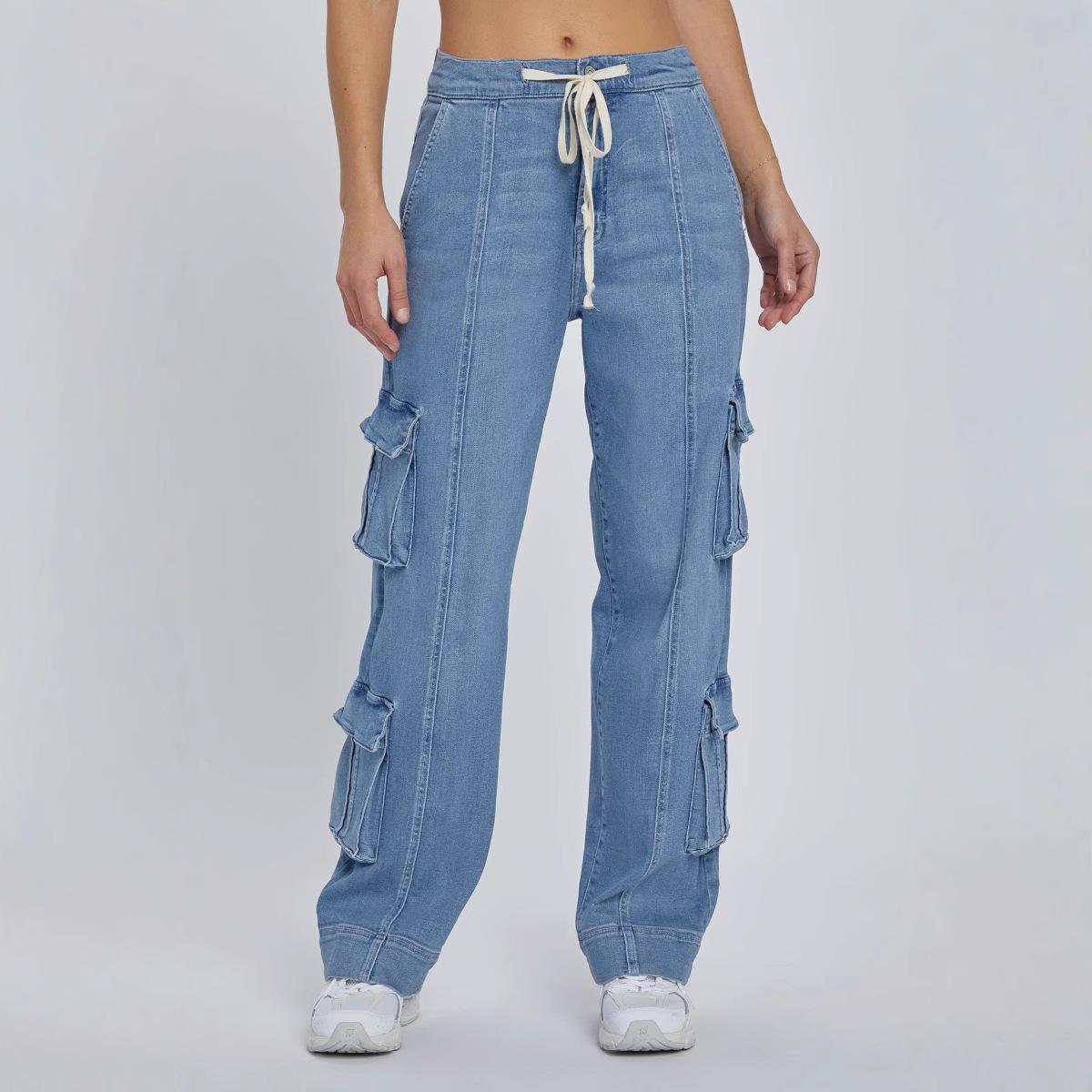 

2026 Spring New Street Style Washed Cargo Pants for Women, Multi-Pocket Wide-Leg Tie-Waist Women s Jeans S синий