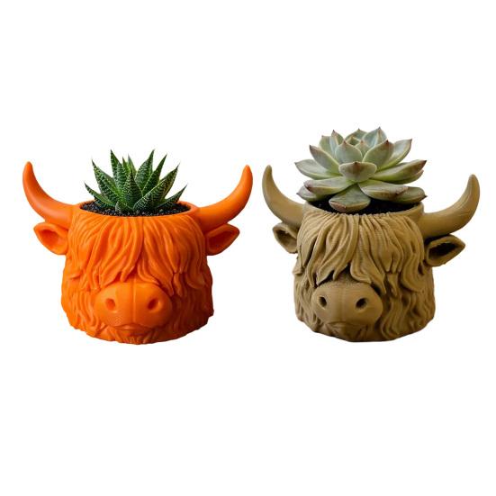 Highland Cow Planter 3D Printed Cute Animal Flower Pot Mini Cow Plant Container for Indoor Outdoor Desk Patio Garden Decor