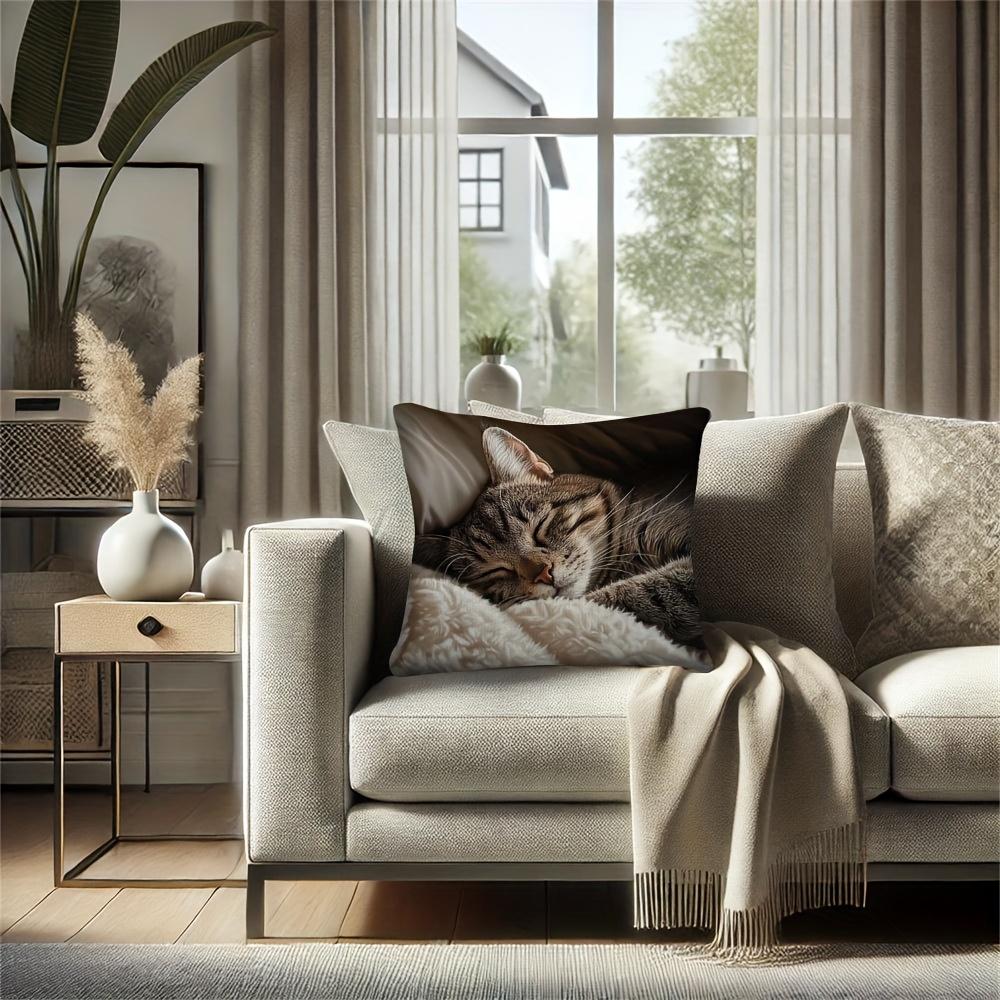 VIKAMA Sleeping Tabby Cat Pillowcase, Washable Cushion Cover with Lazy Kitten Print, Cozy Home Decor for Sofas and Bedrooms