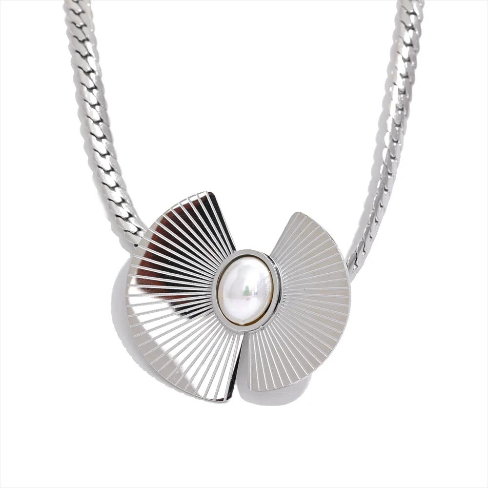 

Yhpup 316l Stainless Steel Imitation Pearl Fan Pendant Collar Necklace 18K PVD Plated Fashion Statement Jewelry Women Gift