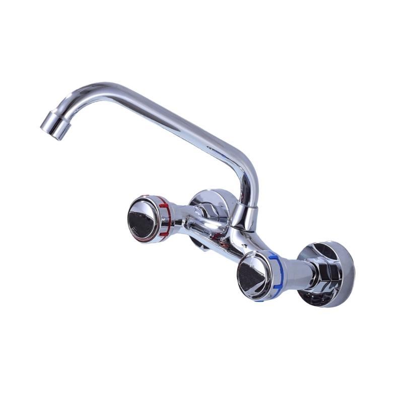  360 Rotate Wall Mounted Kitchen Faucet Double Handle Operation Strong Brass Construction Hot Cold Water Control