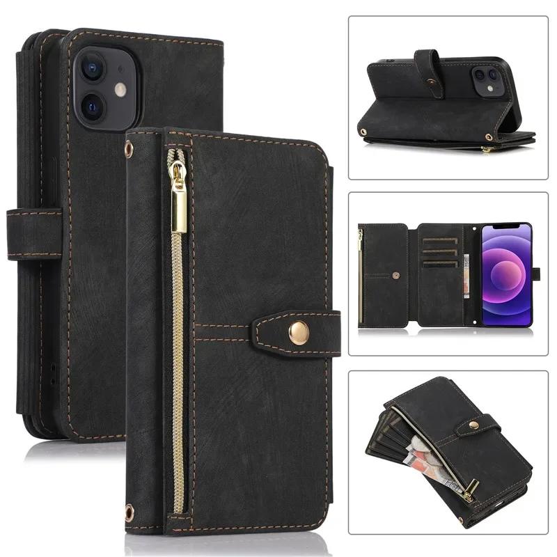 Long Lanyard Flip Leather Phone Case for iPhone 17 Air 16E 16 Pro Max 15 Plus 14 13 12 11 XS XR X Zipper Wallet Multi Card Cover