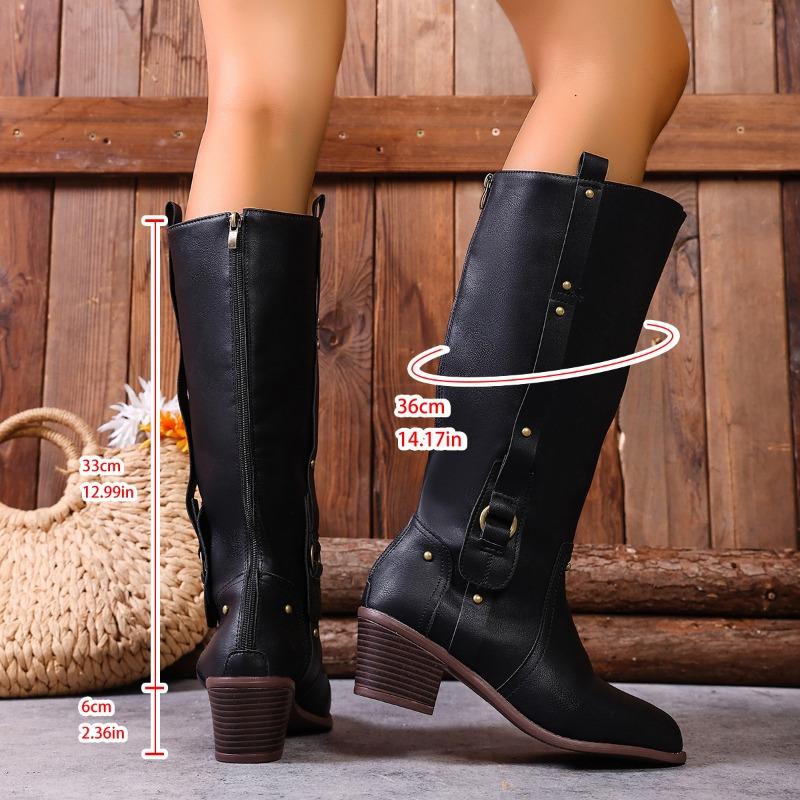 Winter 2025 Fleece Belt Buckle Rivet Mid-heel Knight Boots Plus Size Thick Heel Western Boots Women