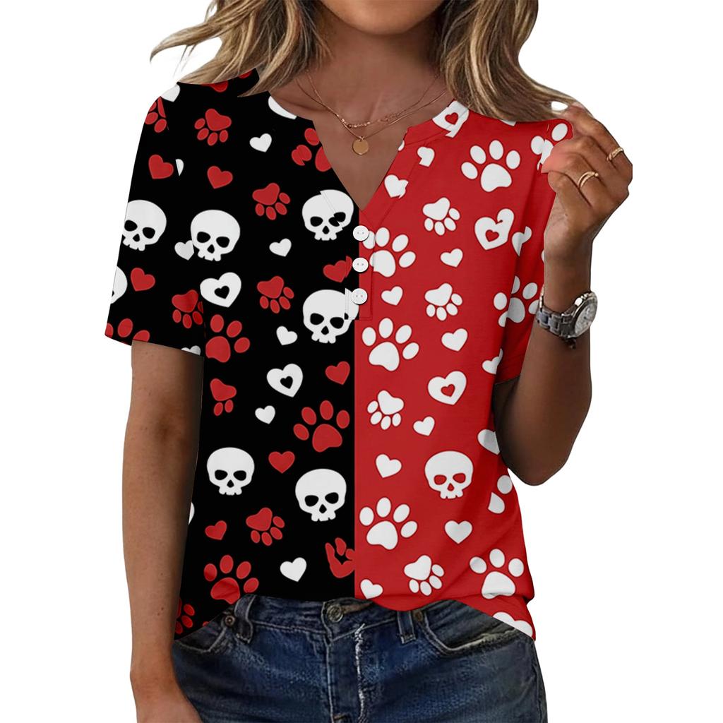 Womens Casual Halloween Print V Neck Short Sleeve Button Front T Shirt Top Lightweight Soft Fabric Comfortable Fit