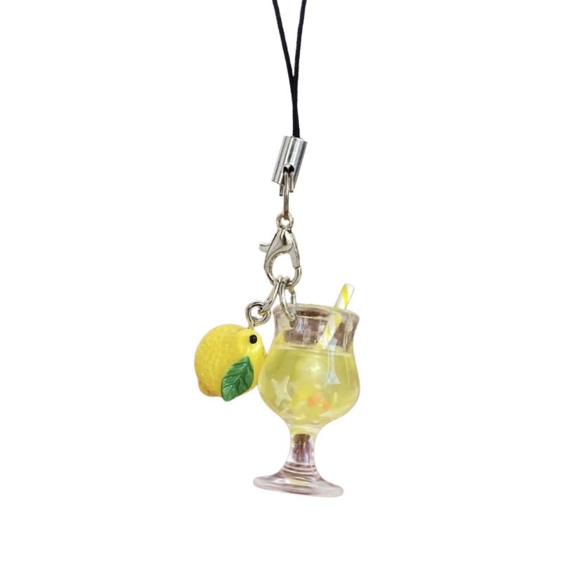 Miniature Drink Cup Keychain with Fruit Pendant Beaded Keyring Bag Accessories Gift for Women and Girls