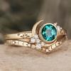 Charm Women Rings Gold Color Moon Star Round Green White Stone Graved Rings Set Party Accessories Gift