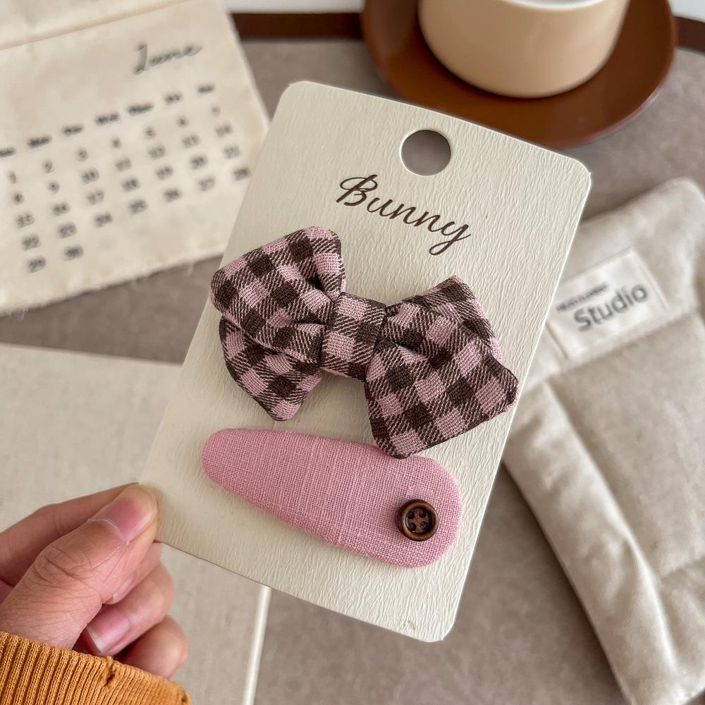 2pcs Pink Coffee Plaid Bow Hair Clip Hairpin Sweet Girl Love Bangs Side Clip Hairpin Children's Hairpin Kids Hair Accessories