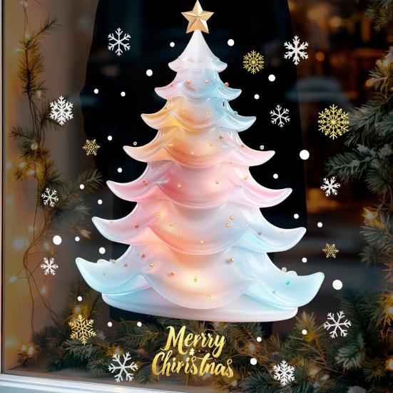 Christmas Colorful Tree Window Cling Removable Waterproof PVC Winter Merry Christmas Static Glass Sticker Holiday Party Decoration Decal