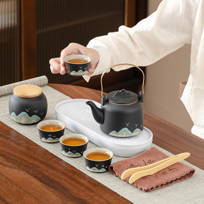 Coarse Pottery Travel Tea Set Outdoor Camping Portable Black Pottery Express Customer Cup One Pot Four Cups Storage Bag Business Gifts
