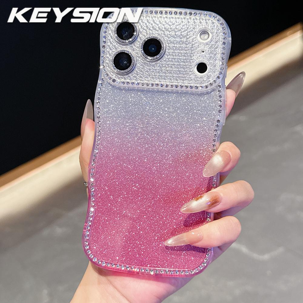 KEYSION Gradient Glitter Jewelled Phone Case for iPhone 16 17 Pro Max Air 16 Plus Wavy Border Lens Protector Shockproof Cover