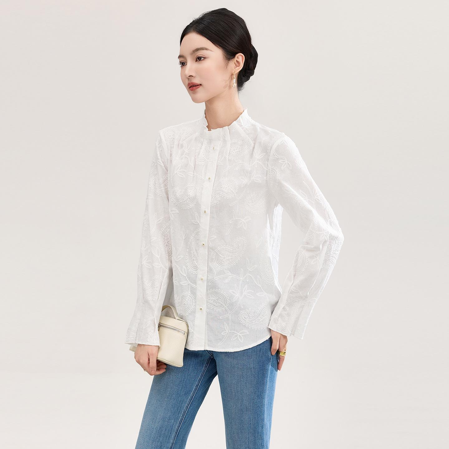 French Romantic Cotton Linen Embroidery Ruffled Collar Women s Shirt - Early Spring New Arrival Large белый