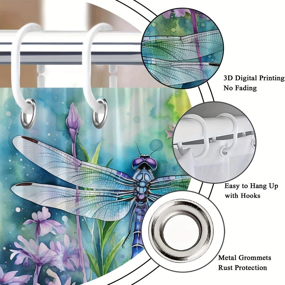 Watercolor Dragonfly Bath Curtain -Vibrant Purple Flowers &Blue Wings;Waterproof Home Decor Adds Artistic Charm To Your Bathroom