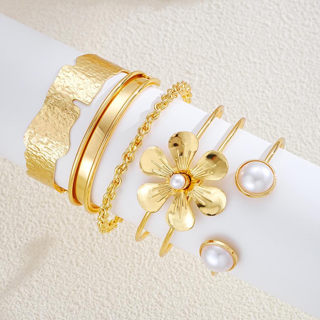 IF ME 5 Pcs/Set Vintage Gold Color Flower Bracelet for Women Fashion Retro Geometric Metal Open Bangle Charm Party Jewelry Gifts