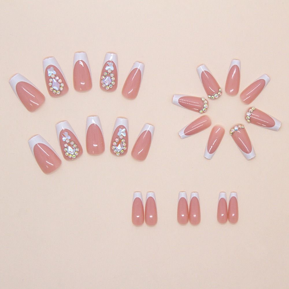 24pcs Detachable Long Ballerina False Nails Shining Rhinestones White Edge Fake Nails Full Cover French Press On Nails Women