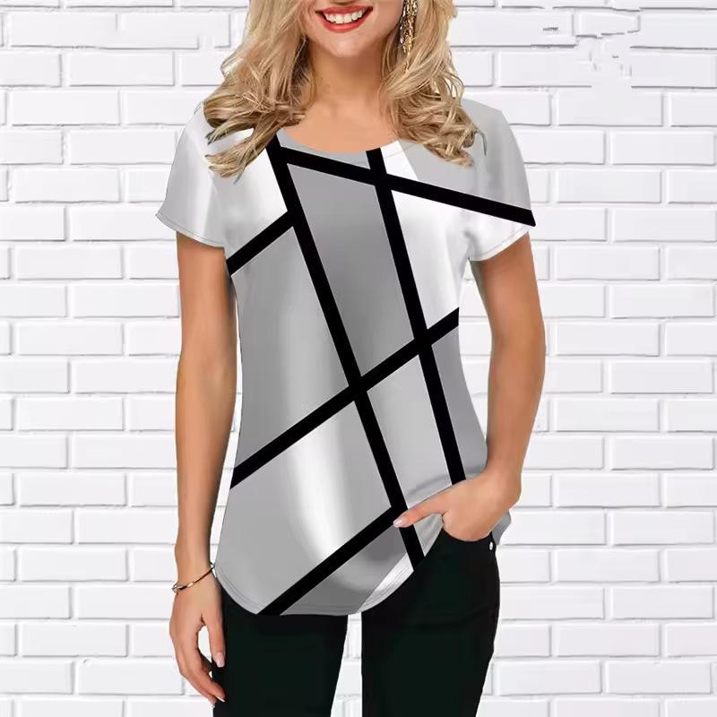 

Летний топ с круглым вырезом и 3D-градиентным узором в виде сетки, модные повседневные женские футболки с короткими рукавами 6XL