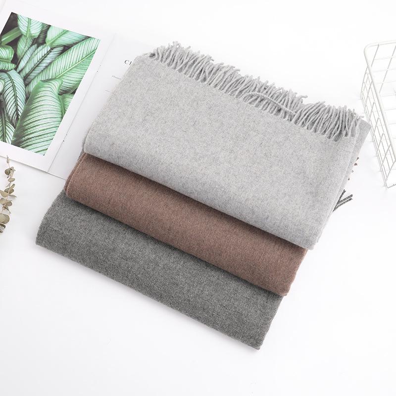 Wool and Cashmere Scarf: Gray Solid Color with Fur Trim, Warm Tassels for Autumn and Winter