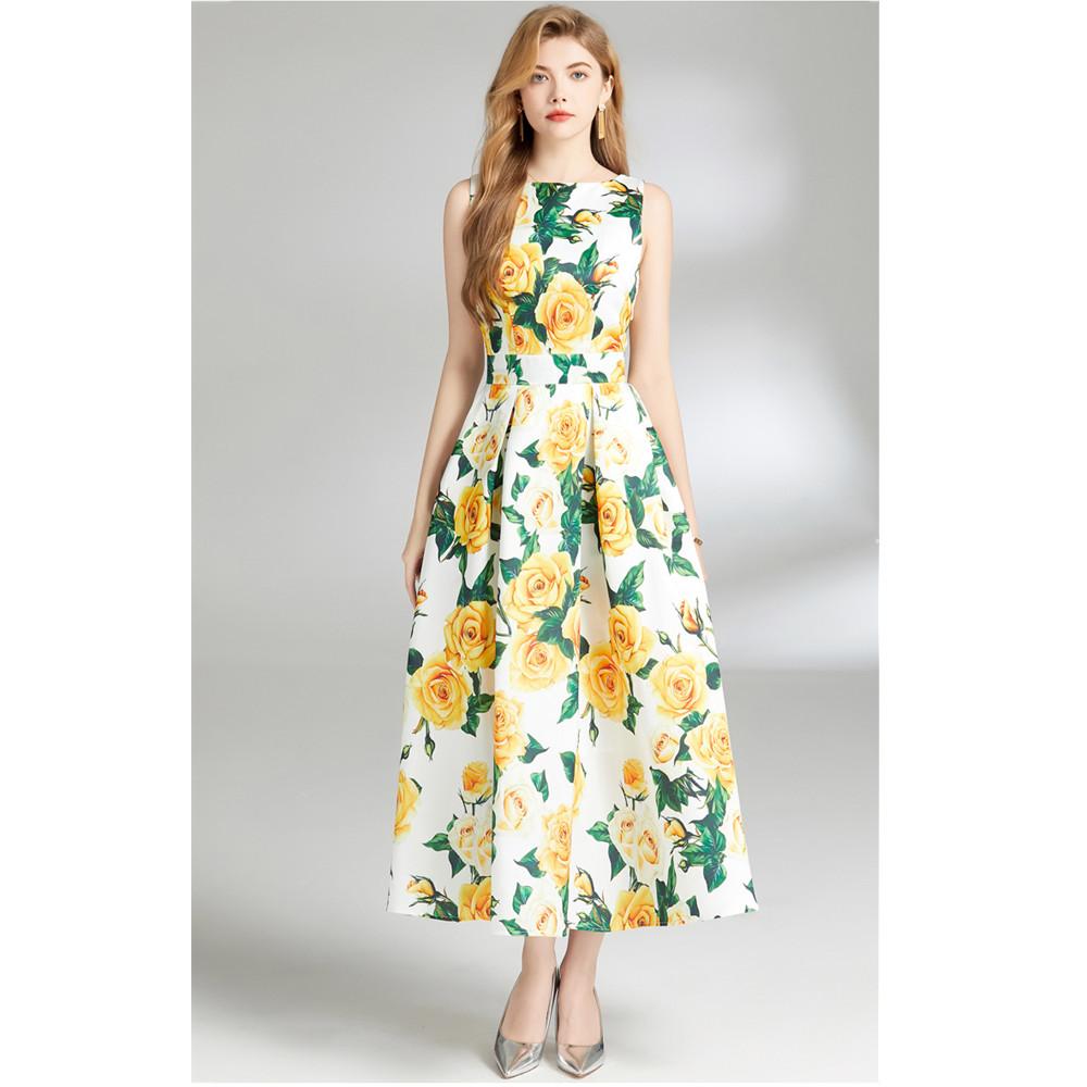 Sommermote Gul Rose Jacquard Sommerkjole Kvinner Elegant Ermeløs Slank drapert Festballkjole One Piece Tank Kvinnelige Klær