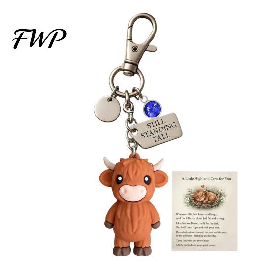 Metal Keychain A Little Highland Cow for You Keychain, 3D Resin Keyring with Birthstone Charm & Sentiment Card, Your Daily Reminder of Quiet Strength