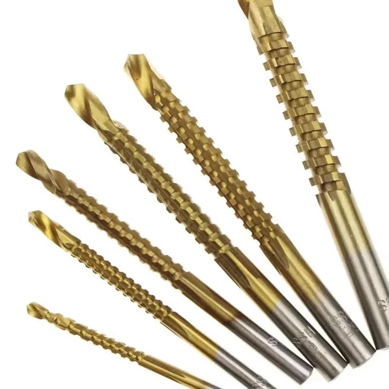 6Pcs HSS Twist Drill Bits Set Titanium Coated Drill Bit 3-8mm Serrated Grooving Spiral Jagged Saw Drill Bit Composite Drill Bits