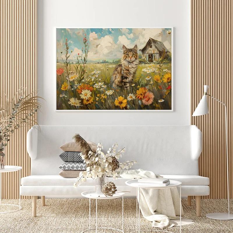 Wildflower Field Cat Sparrow Farm House Painting Posters and Prints Canvas Printing Rustic Retro Wall Art Picture for Home Decor