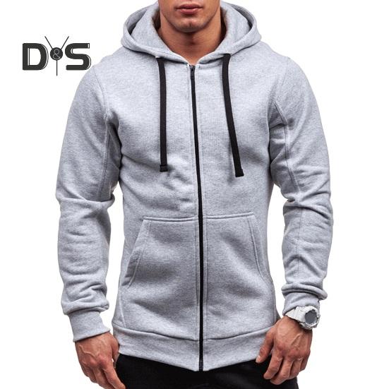 Fall Winter Men Jacket Hooded Drawstring Zip-up Long Sleeves Solid Color Cardigan Elastic Cuff Pockets Mid Length Hoodie Jacket