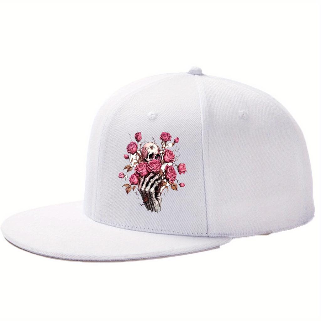 Skull and Roses Graphic Flat Brim Baseball Cap Polyester Adjustable HipHop Streetwear Hat Casual