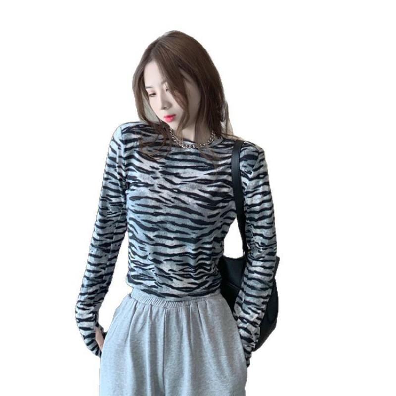Streetwear Zebra Print Cropped Knit Sweater Women - Short Length Long Sleeve Round Neck Slim Fit